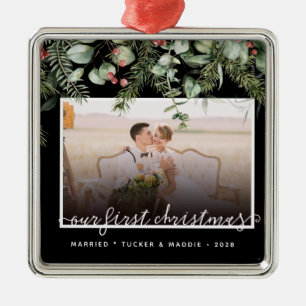 Foto Erste Weihnachten Verheiratet Winter Grün Ornament Aus Metall