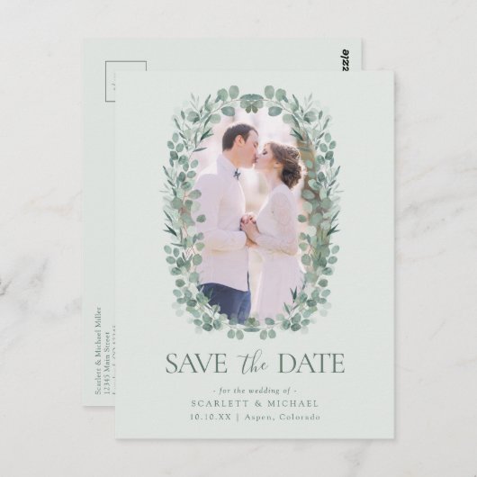 Foto Eucalyptus Save the Date Postkarte (Vorne/Hinten)