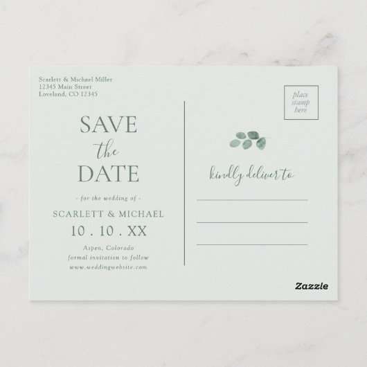Foto Eucalyptus Save the Date Postkarte (Rückseite)