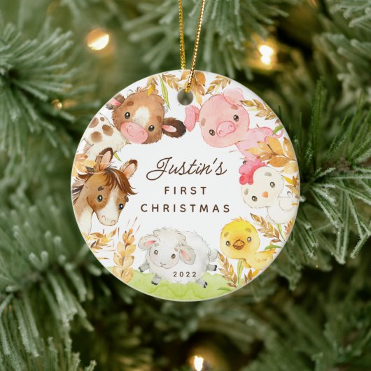 Foto Farm Friends Baby's First Christmas Keramik Ornament (Baum)
