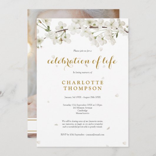 Foto Feier des Lebens Weißer Blossom Bläserner Einladung (Vorne/Hinten)