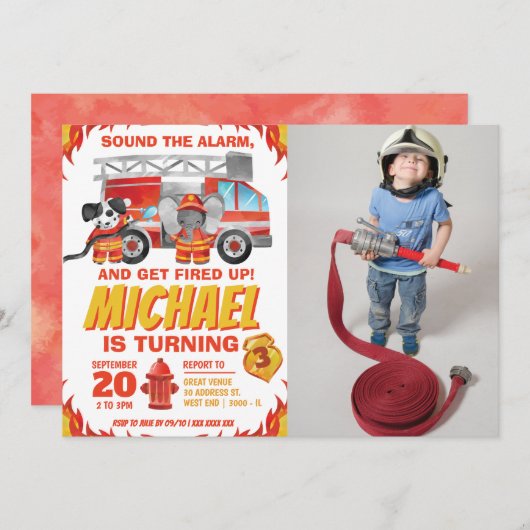 Foto-Feuerwehrauto Geburtstagsparty Einladung (Vorne/Hinten)