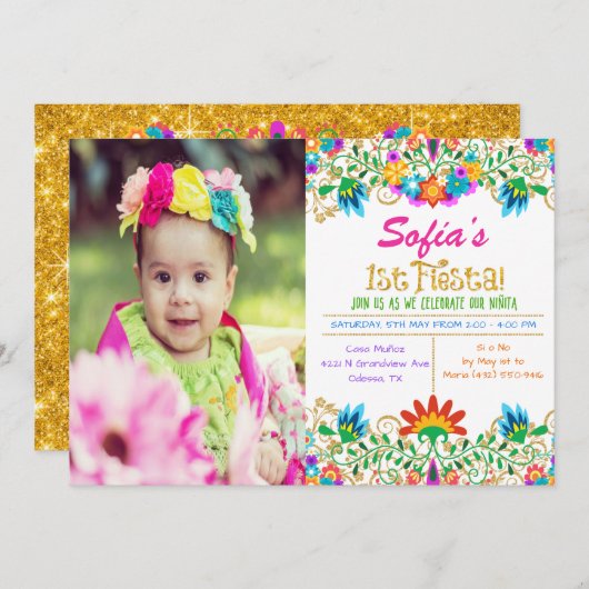 FOTO - Fiesta 1. Geburtstag Glitzer Einladung (Vorne/Hinten)