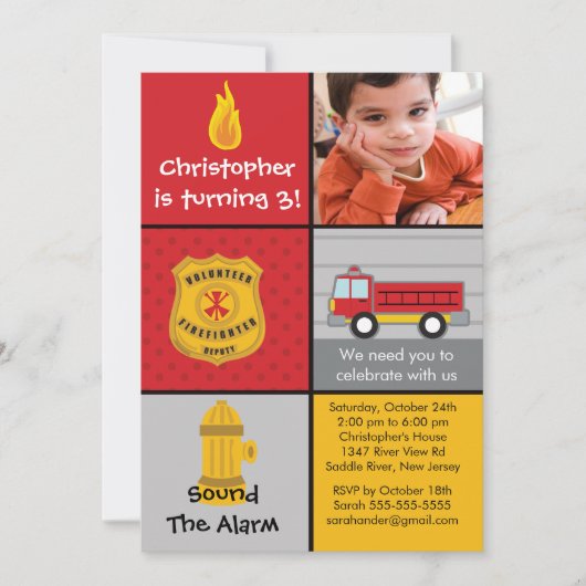 Foto Fireman Boy Fireruck Geburtstagspartei Einladung (Vorderseite)