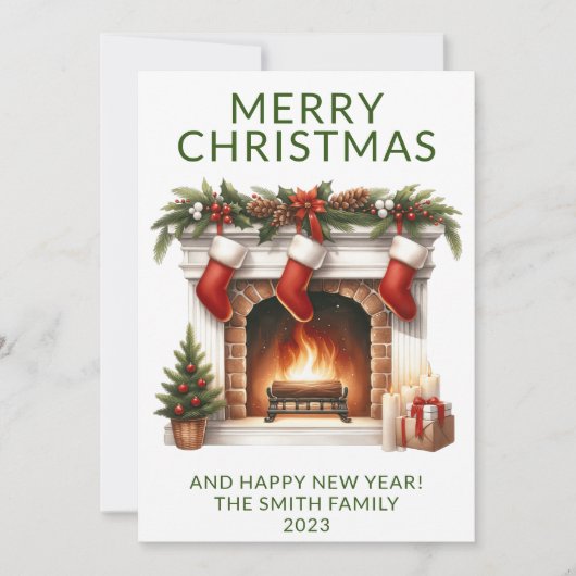 Foto Fireplace Strumpfs Green Holiday Card Einladung (Vorderseite)