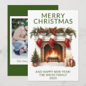 Foto Fireplace Strumpfs Green Holiday Card Einladung (Vorne/Hinten)