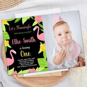 Foto First Black Green Flamingo Geburtstag Einladung