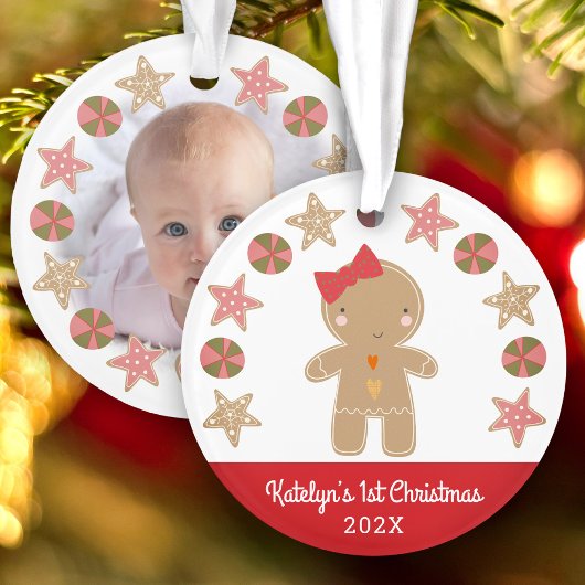 Foto First Christmas Gingerbread Girl Baby Red Ornament