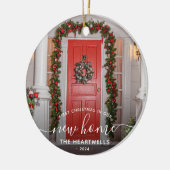 Foto First Christmas New Zuhause White Script Keramik Ornament (Links)