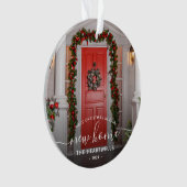 Foto First Christmas New Zuhause White Script Ornament (Vorderseite)
