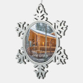 Foto First Christmas New Zuhause White Script Schneeflocken Zinn-Ornament (Rechts)