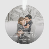 Foto First Christmas Verheiratet White Script Ornament (Vorderseite)