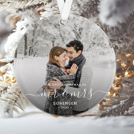 Foto First Christmas Verheiratet White Script Ornament