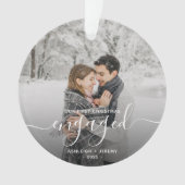 Foto First Christmas Verlobt White Script Ornament (Vorderseite)
