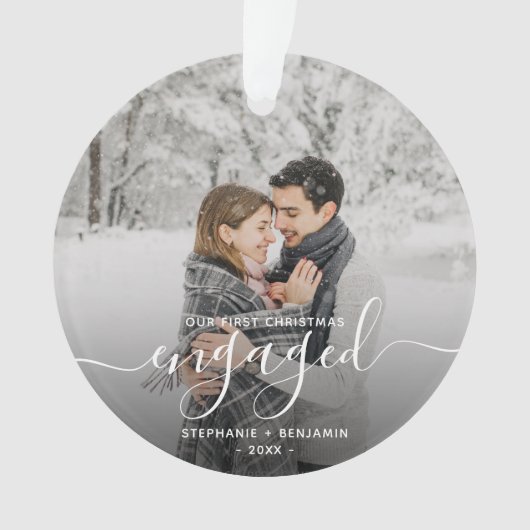 Foto First Christmas Verlobt White Script Ornament (Vorderseite)
