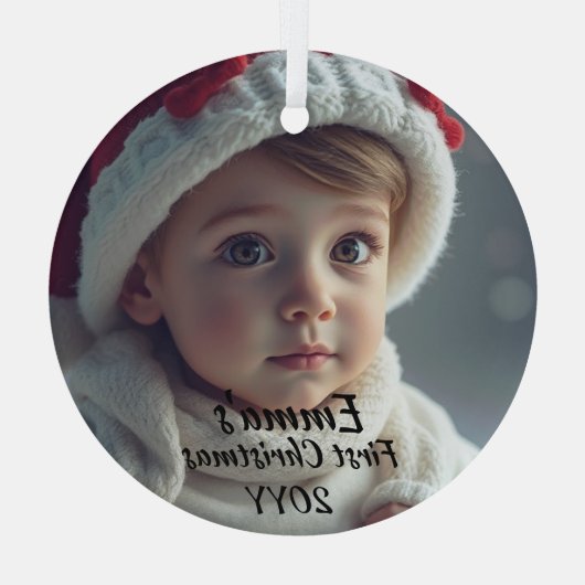 Foto First Christmas White Script Ornament Aus Glas (Rückseite)