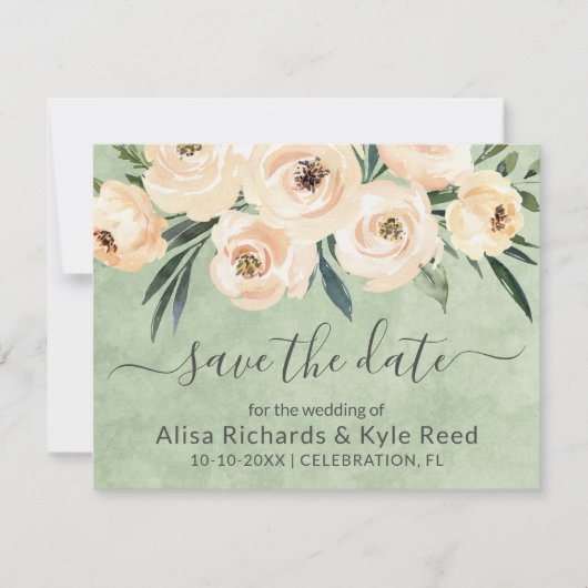 Foto Floral Beige Blush Gold Green Save the Date Ankündigung (Vorderseite)