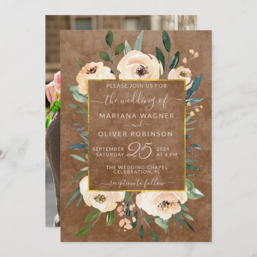 Foto Floral Beige Blush Rose Goldbraune Hochzeit Einladung (Vorne/Hinten)