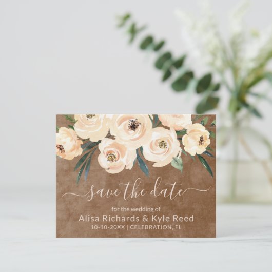 Foto Floral Beige Gold Brown Save the Date Ankündigung (Stehend Vorderseite)