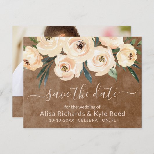 Foto Floral Beige Gold Brown Save the Date Ankündigung (Vorne/Hinten)
