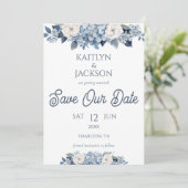 Foto Floral Blue Hydrangea Hochzeit speichern das Einladung (Stehend Vorderseite)