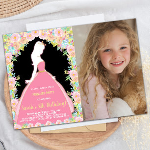Foto Floral Glitzer Black Pink Princess Birthday Einladung