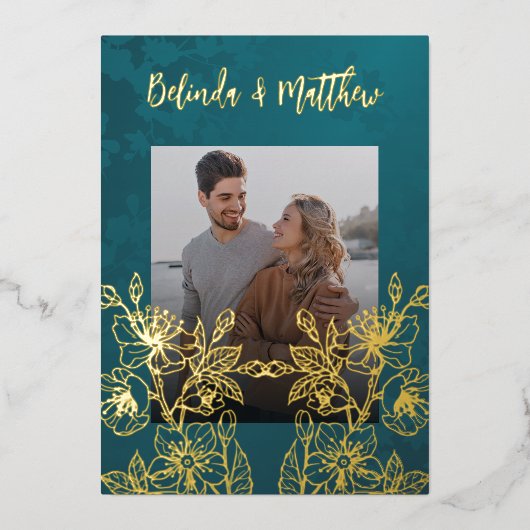 Foto Floral Line Art Hochzeit Folieneinladung (Vorderseite)