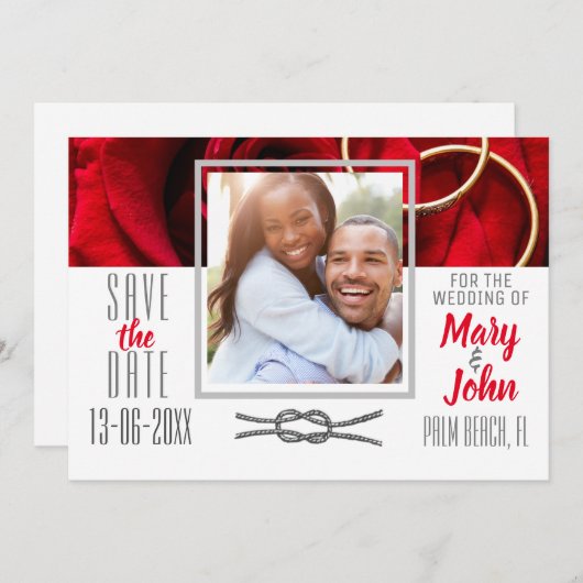 Foto Floral Rote Rose mit Ring Wedding Save The Date (Vorne/Hinten)