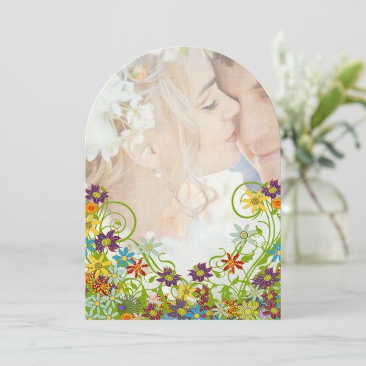Foto Floral Wirble Blume Hochzeit Einladung (Stehend Vorderseite)