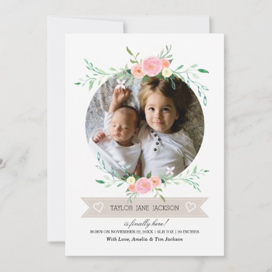 Foto Floral Wreath Geburtserklärung Ankündigung (Vorderseite)