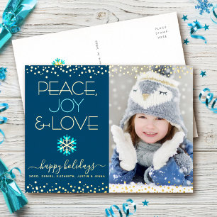 Foto Frieden Freude Liebe Schneeflocke Marineblau Folien Feiertagspostkarte