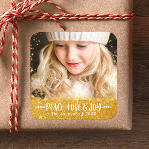 Foto Frieden Liebe Freude Gold Glitter Stern Moder Quadratischer Aufkleber