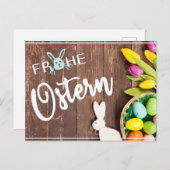 Foto Frohe Ostern mit Tulpen und Hase Postkarte (Vorne/Hinten)