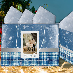 Foto Frohe Weihnachten Elegant Blau Große Geschenktüte
