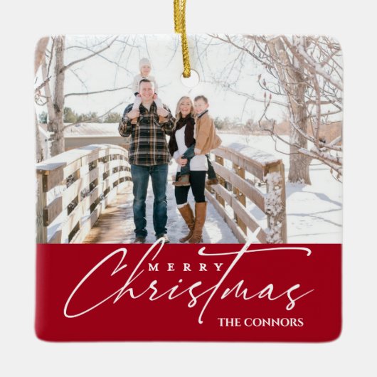 Foto Frohe Weihnachts-Script-Kalligraphie-Familie Keramikornament (Vorderseite)