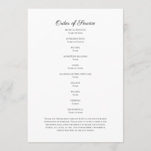 Foto Funeral Memorial Simple Order of Service Pro Programm (Rückseite)