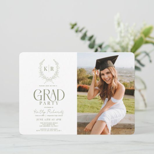 Foto für das grüne botanische Wappen Monogram-Absc Einladung (Stehend Vorderseite)