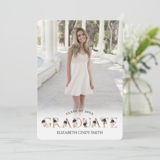 Foto für den Abschluss von Gold Navy Blush Floral Einladung (Stehend Vorderseite)