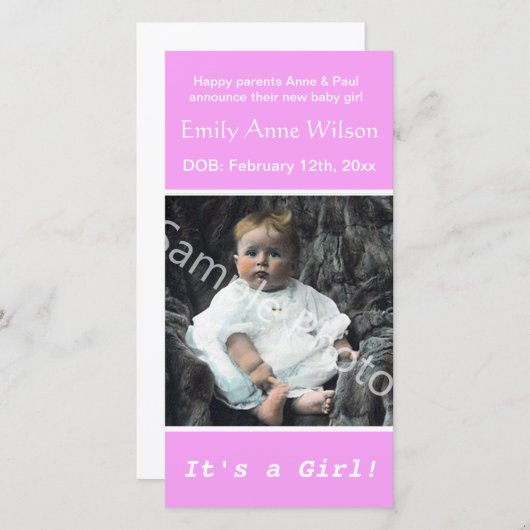 Foto für die Geburt eines Kindes rosa Ankündigung. Ankündigung (Vorne/Hinten)