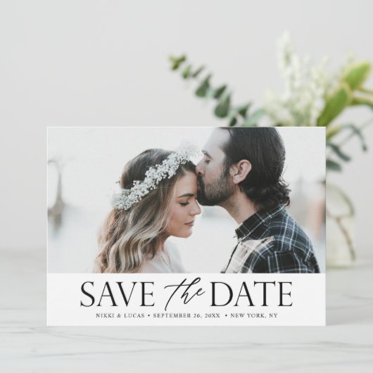 Foto für gemischte Typografie in Schwarzweiß Save The Date (Stehend Vorderseite)