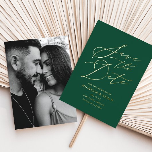 Foto für grüne und goldene Kalligrafie Save the Da Folieneinladung