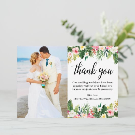 Foto für Hochzeiten mit tropischer Vegetation Dankeskarte (Stehend Vorderseite)