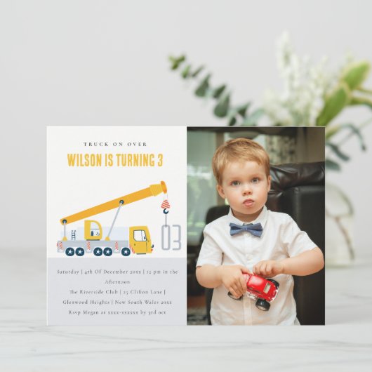Foto für Kranfahrzeuge Geburtstag Einladung (Stehend Vorderseite)