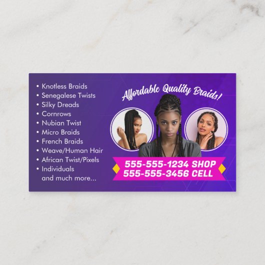 Foto für lila, rosa und gelbe afrikanische Haarbra Visitenkarte (Rückseite)