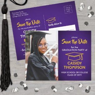 Foto für lila und Gold-Abschluss Save the Date Postkarte