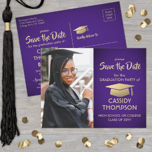 Foto für lila und Gold-Abschluss Save the Date Postkarte