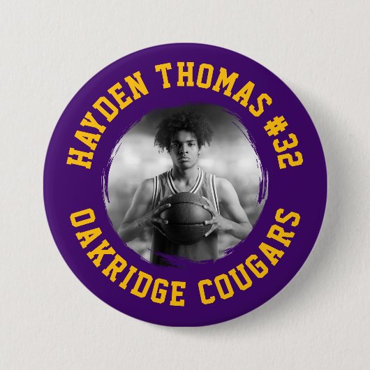 Foto für lila und Gold Athlete Name Jersey Nummer Button (Vorderseite)