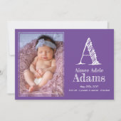 Foto für moderne Lila Monogram-Geburtsstaten Ankündigung (Vorderseite)