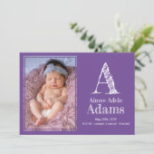 Foto für moderne Lila Monogram-Geburtsstaten Ankündigung (Stehend Vorderseite)