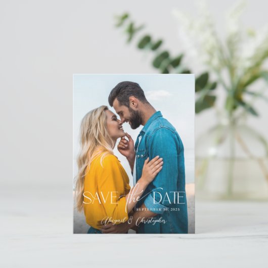 Foto für moderne Textüberlagerung Save the Date Postkarte (Stehend Vorderseite)